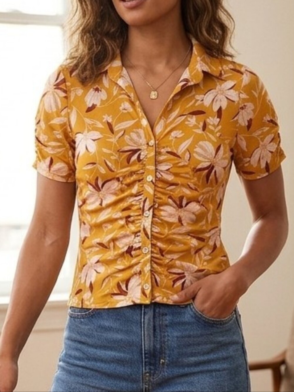 AUW Mustard Floral Button-Front Short Sleeve Shirt